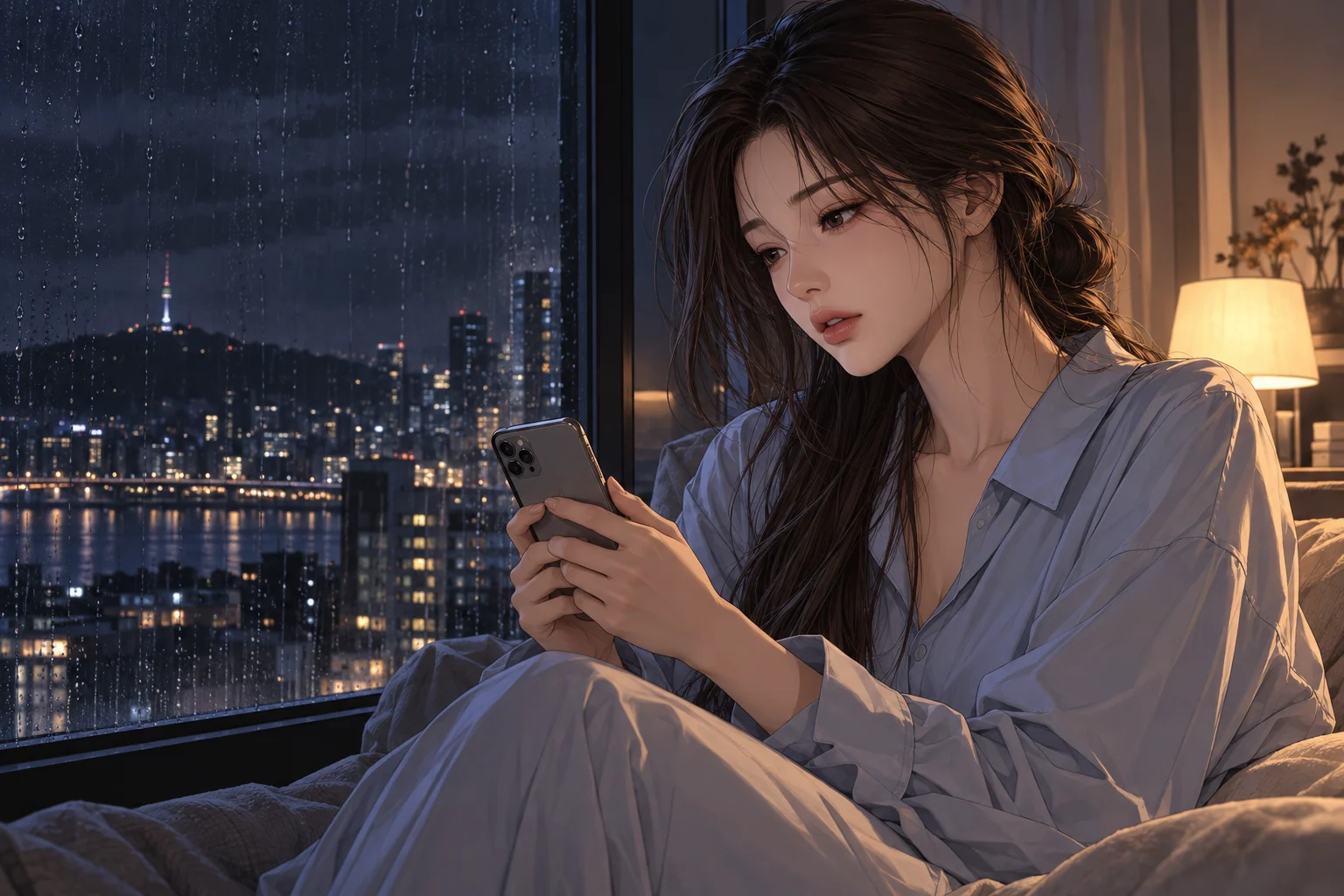 비 오는 밤 창가에서 휴대폰을 바라보는 여자